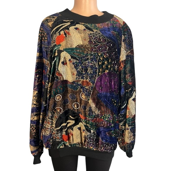 Judith Ann Creations Vintage 80s Multicolor Abstract Geisha Sweater - Picture 1 of 13
